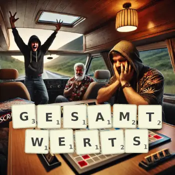 Kreative Illustration für ein Scrabble-Spiel, bei dem das Wort GESAMTWERTS mit Steinen auf dem Brett gelegt wurde.
