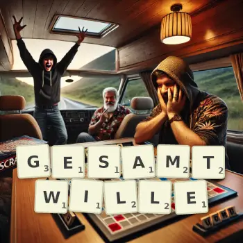 Kreative Illustration für ein Scrabble-Spiel, bei dem das Wort GESAMTWILLE mit Steinen auf dem Brett gelegt wurde.