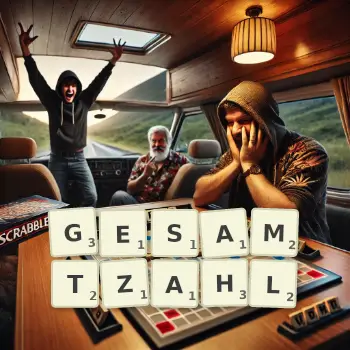 Kreative Illustration für ein Scrabble-Spiel, bei dem das Wort GESAMTZAHL mit Steinen auf dem Brett gelegt wurde.