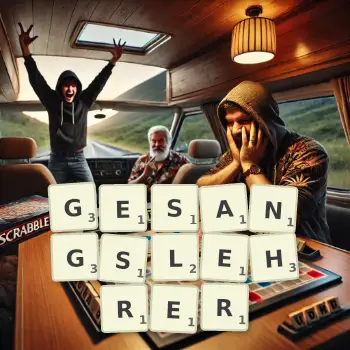 Kreative Illustration für ein Scrabble-Spiel, bei dem das Wort GESANGSLEHRER mit Steinen auf dem Brett gelegt wurde.