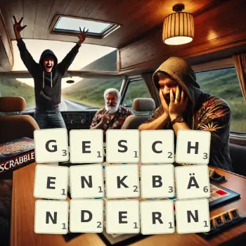 Kreative Illustration für ein Scrabble-Spiel, bei dem das Wort GESCHENKBÄNDERN mit Steinen auf dem Brett gelegt wurde.