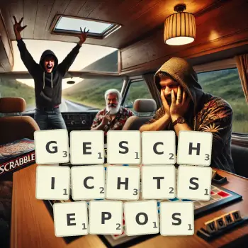 Kreative Illustration für ein Scrabble-Spiel, bei dem das Wort GESCHICHTSEPOS mit Steinen auf dem Brett gelegt wurde.