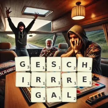 Kreative Illustration für ein Scrabble-Spiel, bei dem das Wort GESCHIRRREGAL mit Steinen auf dem Brett gelegt wurde.