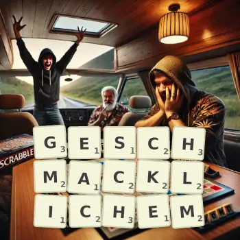 Kreative Illustration für ein Scrabble-Spiel, bei dem das Wort GESCHMACKLICHEM mit Steinen auf dem Brett gelegt wurde.