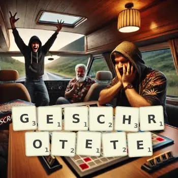 Kreative Illustration für ein Scrabble-Spiel, bei dem das Wort GESCHROTETE mit Steinen auf dem Brett gelegt wurde.
