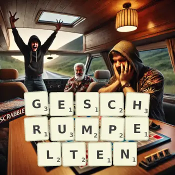 Kreative Illustration für ein Scrabble-Spiel, bei dem das Wort GESCHRUMPELTEN mit Steinen auf dem Brett gelegt wurde.