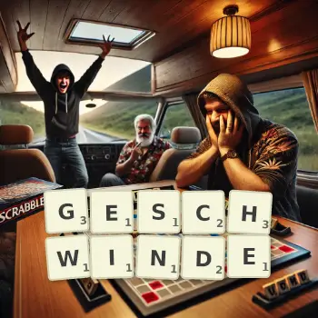 Kreative Illustration für ein Scrabble-Spiel, bei dem das Wort GESCHWINDE mit Steinen auf dem Brett gelegt wurde.
