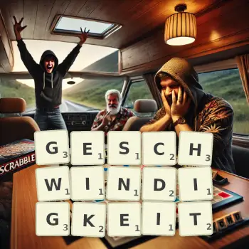 Kreative Illustration für ein Scrabble-Spiel, bei dem das Wort GESCHWINDIGKEIT mit Steinen auf dem Brett gelegt wurde.