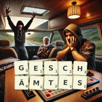 Kreative Illustration für ein Scrabble-Spiel, bei dem das Wort GESCHÄMTES mit Steinen auf dem Brett gelegt wurde.