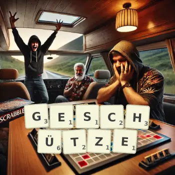 Kreative Illustration für ein Scrabble-Spiel, bei dem das Wort GESCHÜTZE mit Steinen auf dem Brett gelegt wurde.