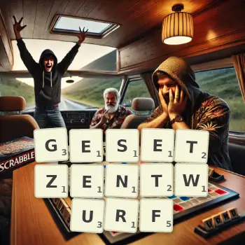 Kreative Illustration für ein Scrabble-Spiel, bei dem das Wort GESETZENTWURF mit Steinen auf dem Brett gelegt wurde.