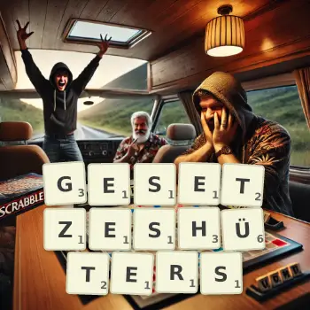 Kreative Illustration für ein Scrabble-Spiel, bei dem das Wort GESETZESHÜTERS mit Steinen auf dem Brett gelegt wurde.