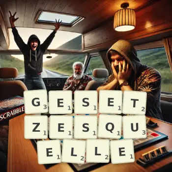 Kreative Illustration für ein Scrabble-Spiel, bei dem das Wort GESETZESQUELLE mit Steinen auf dem Brett gelegt wurde.