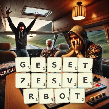 Kreative Illustration für ein Scrabble-Spiel, bei dem das Wort GESETZESVERBOT mit Steinen auf dem Brett gelegt wurde.