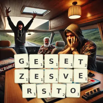 Kreative Illustration für ein Scrabble-Spiel, bei dem das Wort GESETZESVERSTO mit Steinen auf dem Brett gelegt wurde.