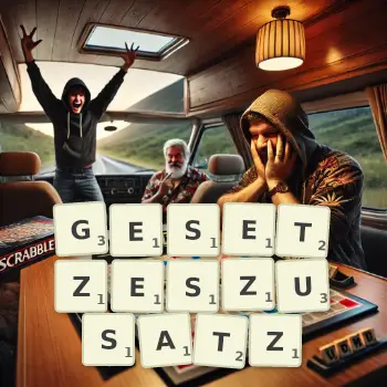Kreative Illustration für ein Scrabble-Spiel, bei dem das Wort GESETZESZUSATZ mit Steinen auf dem Brett gelegt wurde.