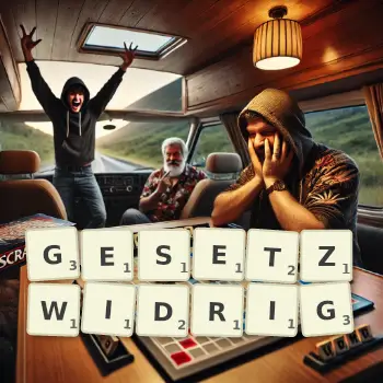 Kreative Illustration für ein Scrabble-Spiel, bei dem das Wort GESETZWIDRIG mit Steinen auf dem Brett gelegt wurde.