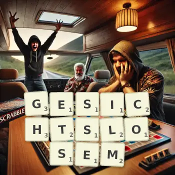 Kreative Illustration für ein Scrabble-Spiel, bei dem das Wort GESICHTSLOSEM mit Steinen auf dem Brett gelegt wurde.
