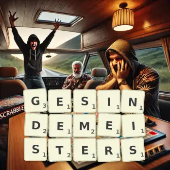 Kreative Illustration für ein Scrabble-Spiel, bei dem das Wort GESINDEMEISTERS mit Steinen auf dem Brett gelegt wurde.