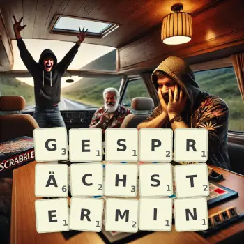 Kreative Illustration für ein Scrabble-Spiel, bei dem das Wort GESPRÄCHSTERMIN mit Steinen auf dem Brett gelegt wurde.