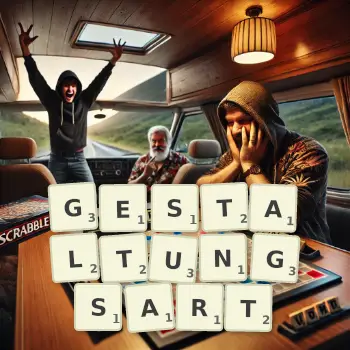 Kreative Illustration für ein Scrabble-Spiel, bei dem das Wort GESTALTUNGSART mit Steinen auf dem Brett gelegt wurde.