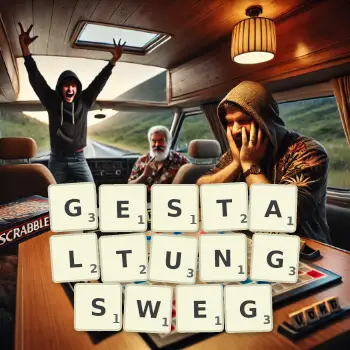 Kreative Illustration für ein Scrabble-Spiel, bei dem das Wort GESTALTUNGSWEG mit Steinen auf dem Brett gelegt wurde.