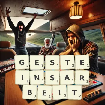 Kreative Illustration für ein Scrabble-Spiel, bei dem das Wort GESTEINSARBEIT mit Steinen auf dem Brett gelegt wurde.