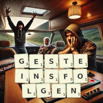 Kreative Illustration für ein Scrabble-Spiel, bei dem das Wort GESTEINSFOLGEN mit Steinen auf dem Brett gelegt wurde.