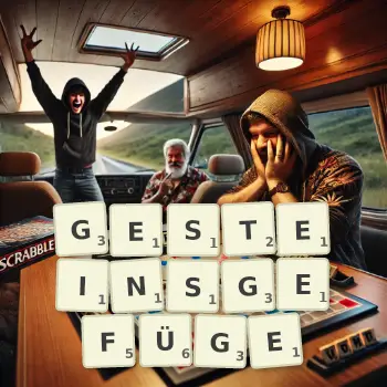 Kreative Illustration für ein Scrabble-Spiel, bei dem das Wort GESTEINSGEFÜGE mit Steinen auf dem Brett gelegt wurde.