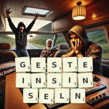 Kreative Illustration für ein Scrabble-Spiel, bei dem das Wort GESTEINSINSELN mit Steinen auf dem Brett gelegt wurde.