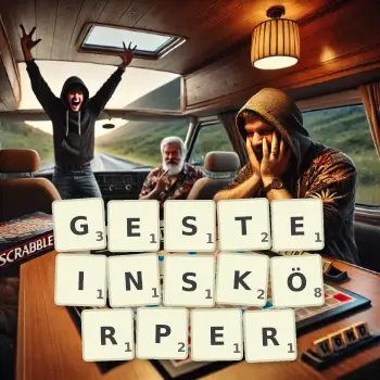 Kreative Illustration für ein Scrabble-Spiel, bei dem das Wort GESTEINSKÖRPER mit Steinen auf dem Brett gelegt wurde.