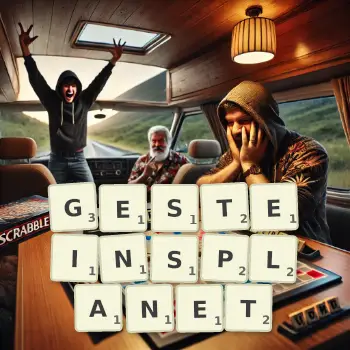 Kreative Illustration für ein Scrabble-Spiel, bei dem das Wort GESTEINSPLANET mit Steinen auf dem Brett gelegt wurde.