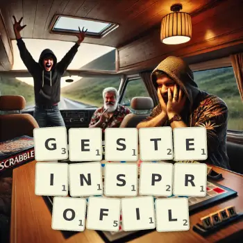 Kreative Illustration für ein Scrabble-Spiel, bei dem das Wort GESTEINSPROFIL mit Steinen auf dem Brett gelegt wurde.