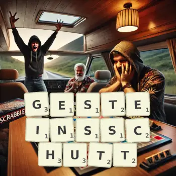 Kreative Illustration für ein Scrabble-Spiel, bei dem das Wort GESTEINSSCHUTT mit Steinen auf dem Brett gelegt wurde.