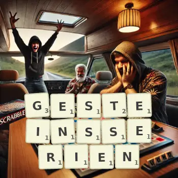 Kreative Illustration für ein Scrabble-Spiel, bei dem das Wort GESTEINSSERIEN mit Steinen auf dem Brett gelegt wurde.
