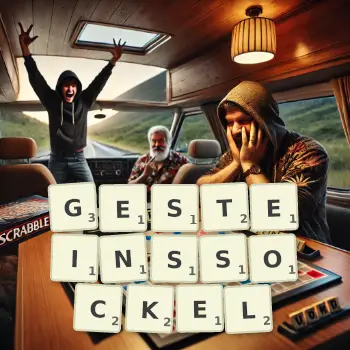 Kreative Illustration für ein Scrabble-Spiel, bei dem das Wort GESTEINSSOCKEL mit Steinen auf dem Brett gelegt wurde.
