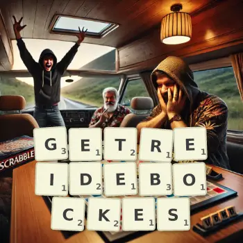 Kreative Illustration für ein Scrabble-Spiel, bei dem das Wort GETREIDEBOCKES mit Steinen auf dem Brett gelegt wurde.