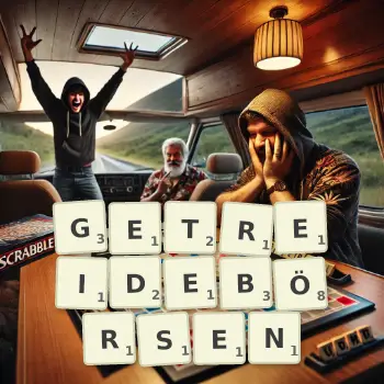 Kreative Illustration für ein Scrabble-Spiel, bei dem das Wort GETREIDEBÖRSEN mit Steinen auf dem Brett gelegt wurde.
