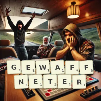 Kreative Illustration für ein Scrabble-Spiel, bei dem das Wort GEWAFFNETER mit Steinen auf dem Brett gelegt wurde.