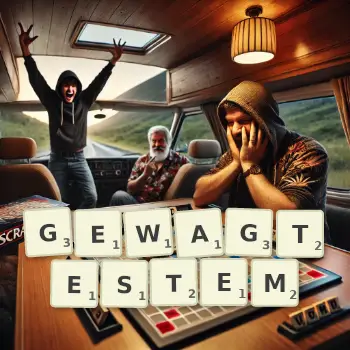 Kreative Illustration für ein Scrabble-Spiel, bei dem das Wort GEWAGTESTEM mit Steinen auf dem Brett gelegt wurde.