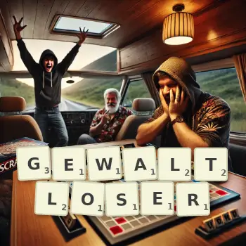 Kreative Illustration für ein Scrabble-Spiel, bei dem das Wort GEWALTLOSER mit Steinen auf dem Brett gelegt wurde.