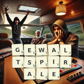 Kreative Illustration für ein Scrabble-Spiel, bei dem das Wort GEWALTSPIRALE mit Steinen auf dem Brett gelegt wurde.