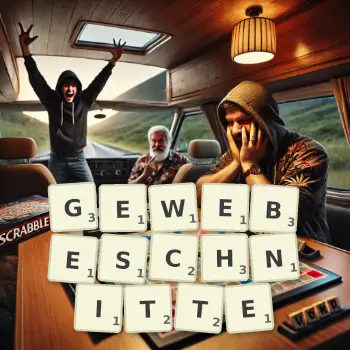 Kreative Illustration für ein Scrabble-Spiel, bei dem das Wort GEWEBESCHNITTE mit Steinen auf dem Brett gelegt wurde.