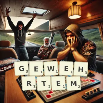 Kreative Illustration für ein Scrabble-Spiel, bei dem das Wort GEWEHRTEM mit Steinen auf dem Brett gelegt wurde.