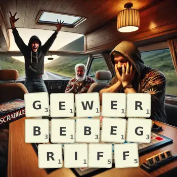 Kreative Illustration für ein Scrabble-Spiel, bei dem das Wort GEWERBEBEGRIFF mit Steinen auf dem Brett gelegt wurde.