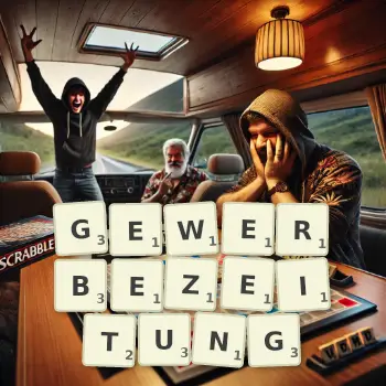 Kreative Illustration für ein Scrabble-Spiel, bei dem das Wort GEWERBEZEITUNG mit Steinen auf dem Brett gelegt wurde.