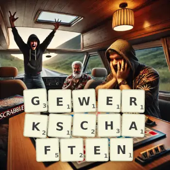 Kreative Illustration für ein Scrabble-Spiel, bei dem das Wort GEWERKSCHAFTEN mit Steinen auf dem Brett gelegt wurde.