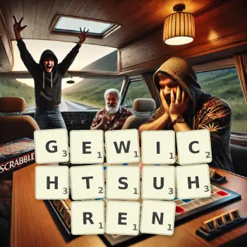 Kreative Illustration für ein Scrabble-Spiel, bei dem das Wort GEWICHTSUHREN mit Steinen auf dem Brett gelegt wurde.