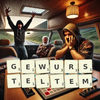 Kreative Illustration für ein Scrabble-Spiel, bei dem das Wort GEWURSTELTEM mit Steinen auf dem Brett gelegt wurde.