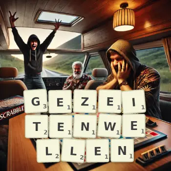 Kreative Illustration für ein Scrabble-Spiel, bei dem das Wort GEZEITENWELLEN mit Steinen auf dem Brett gelegt wurde.